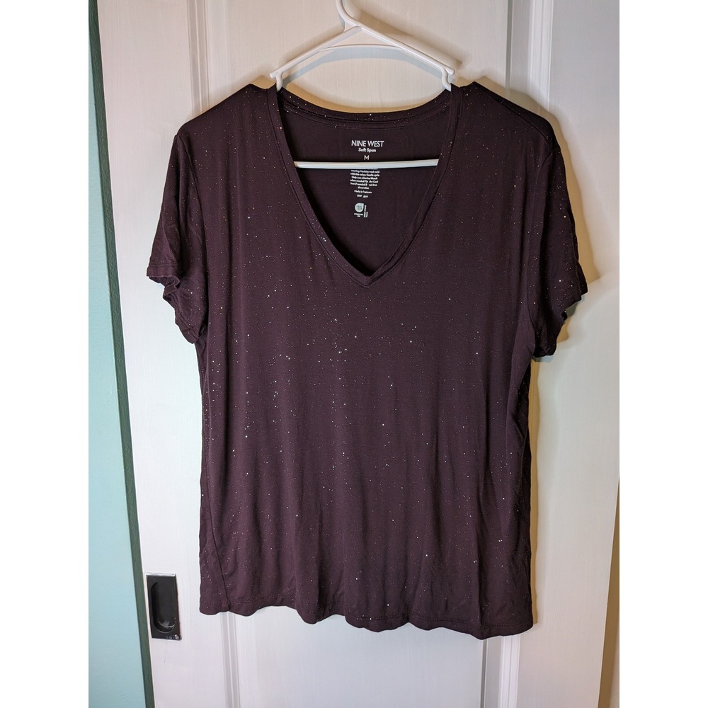 Nine West Soft Spun V-Neck Glitter Speckle Short Sleeve Tee Plum Burgundy Medium